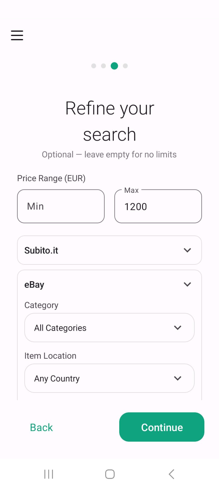 Set price filters and categories